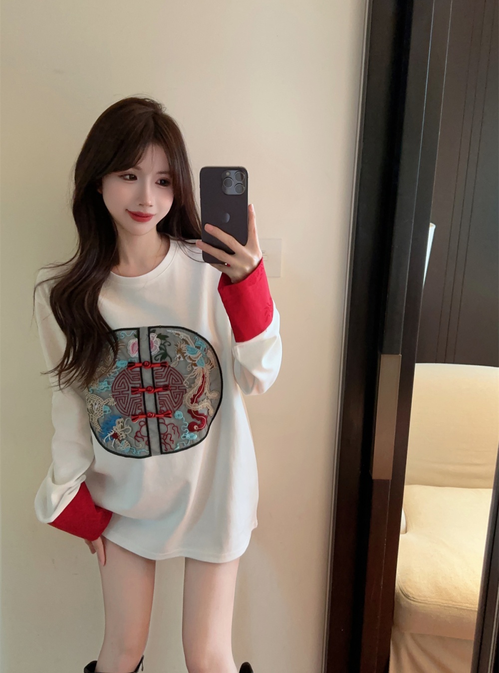 Loose spring long sleeve tops round neck embroidery cheongsam