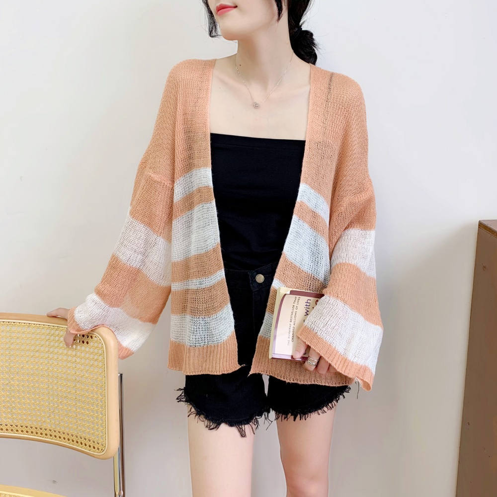 Stripe Korean style tops mixed colors sun shirt for women