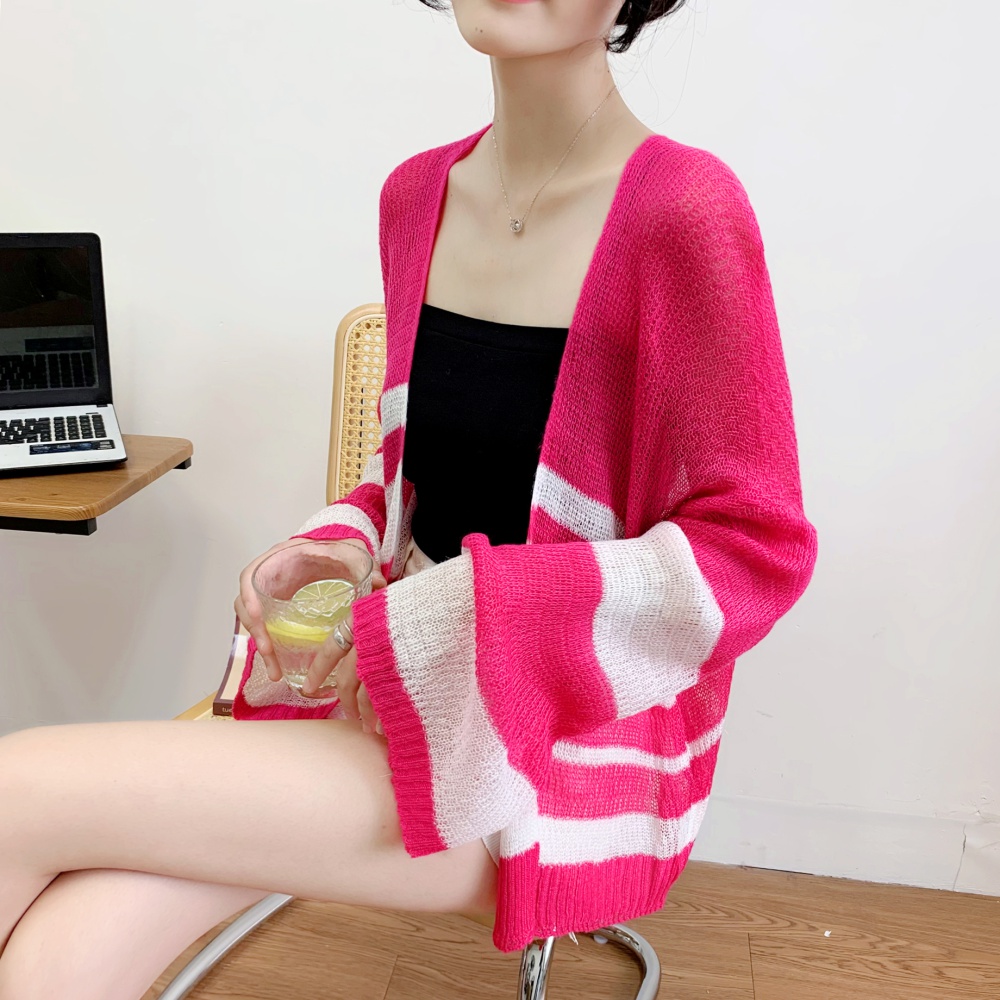 Stripe Korean style tops mixed colors sun shirt for women