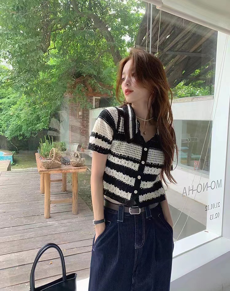 Lapel short Korean style tops stripe hollow sweater