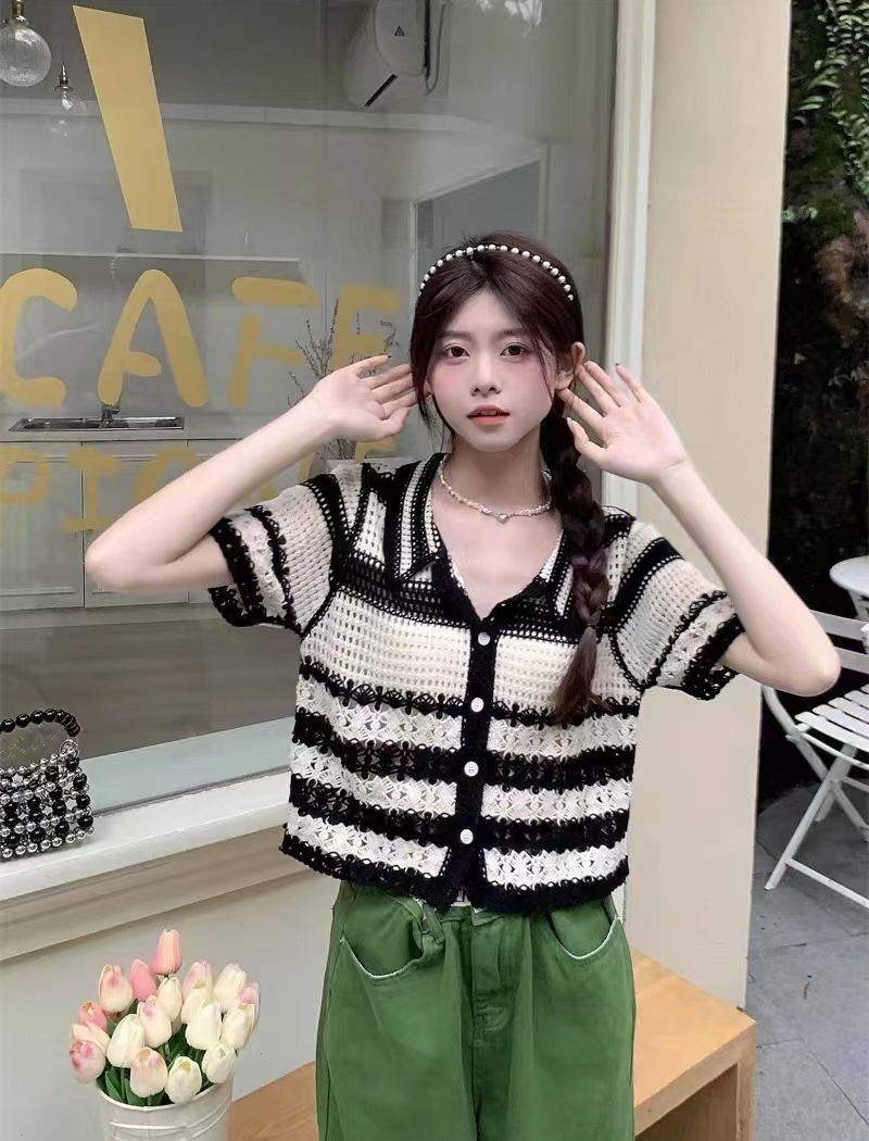 Lapel short Korean style tops stripe hollow sweater