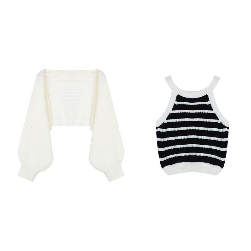 Stripe sling shawl sleeveless pure vest 2pcs set