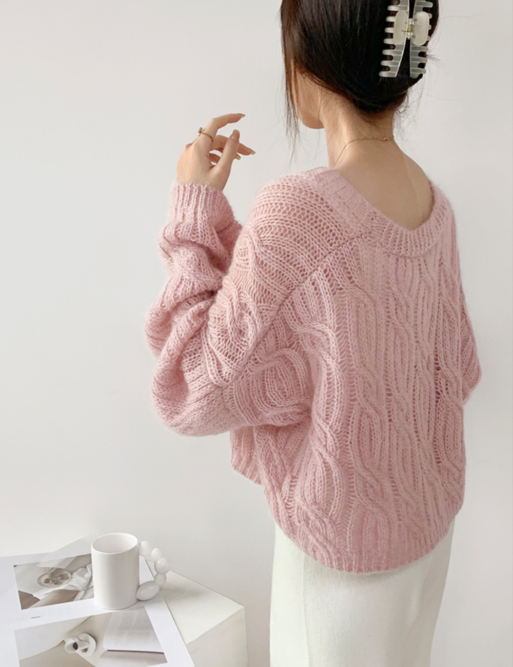 Korean style lazy knitted cardigan loose V-neck slim jacket