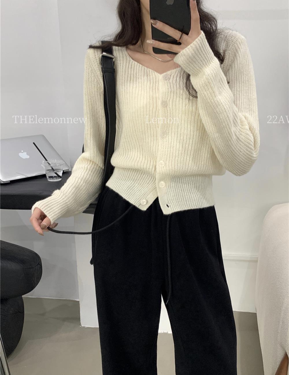 Pinched waist short cardigan knitted tops