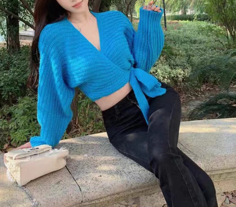 Short multicolor mohair sweater high waist frenum tops