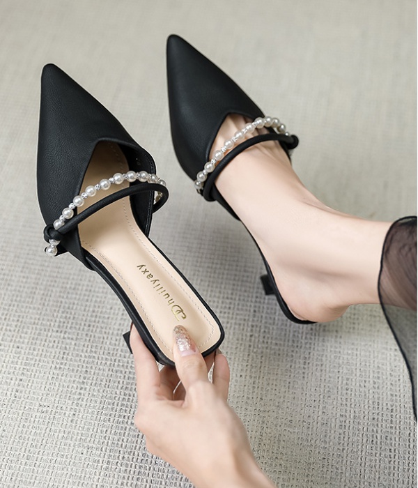 Fine-root pearls chain high-heeled shoes pointed shoes