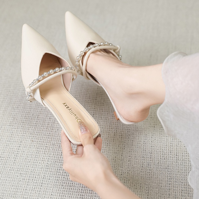 Fine-root pearls chain high-heeled shoes pointed shoes