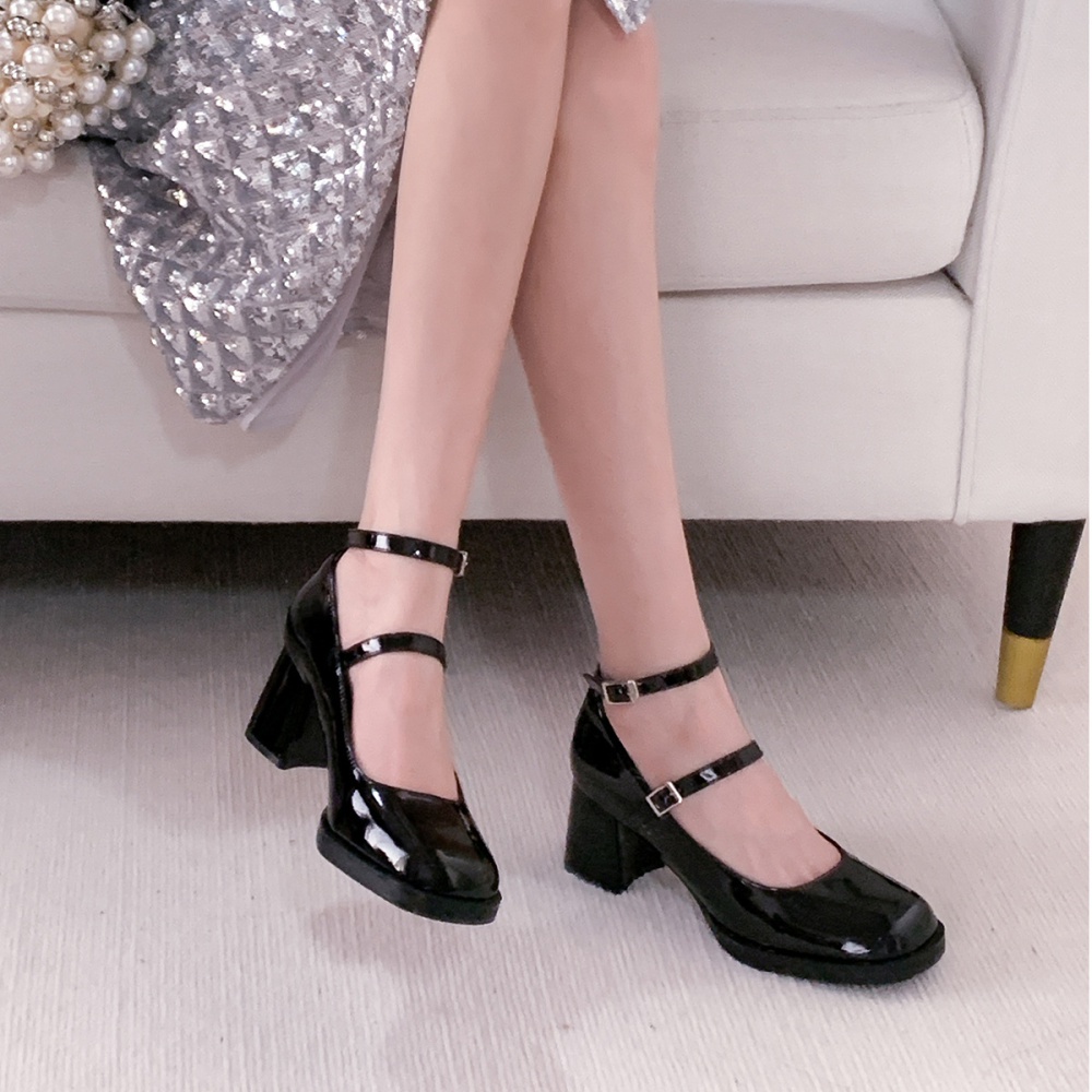 Retro low black shoes thick crust spring high-heeled shoes