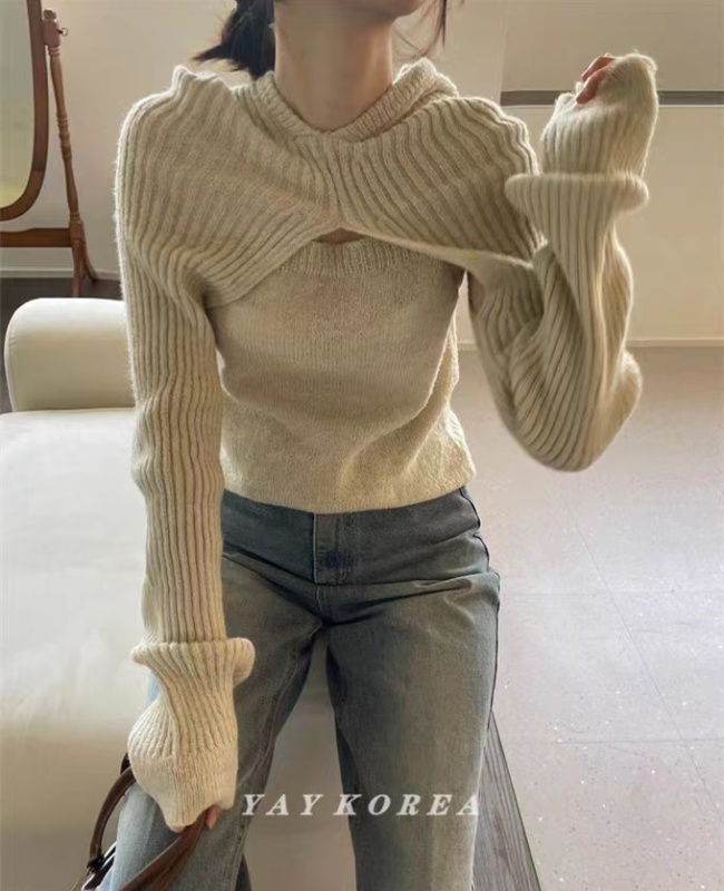 Knitted screw thread hooded Korean style tops 2pcs set