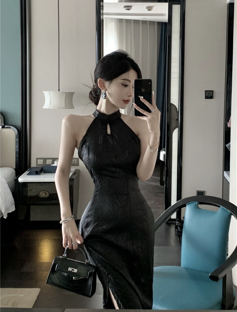 Slim retro sexy cheongsam jacquard summer halter dress