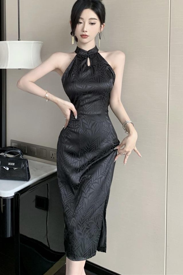 Slim retro sexy cheongsam jacquard summer halter dress
