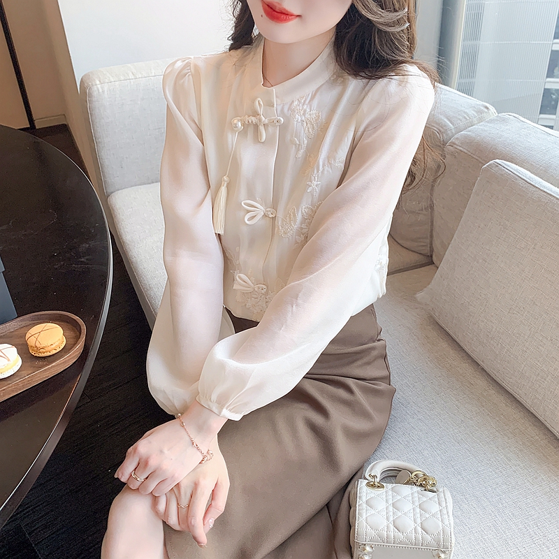 Embroidery long sleeve tassels Casual art white shirt