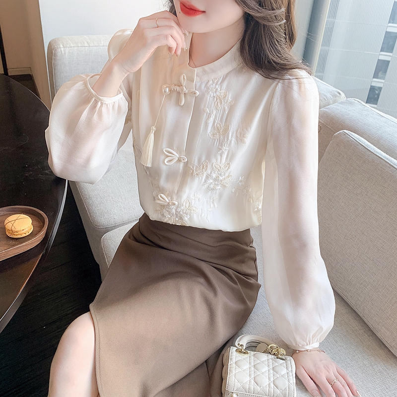 Embroidery long sleeve tassels Casual art white shirt
