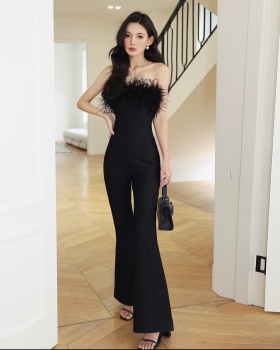 Spring and summer wrapped chest jumpsuit black fluffy long pants