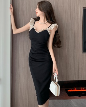 Ladies Hepburn style formal dress wood ear black long dress