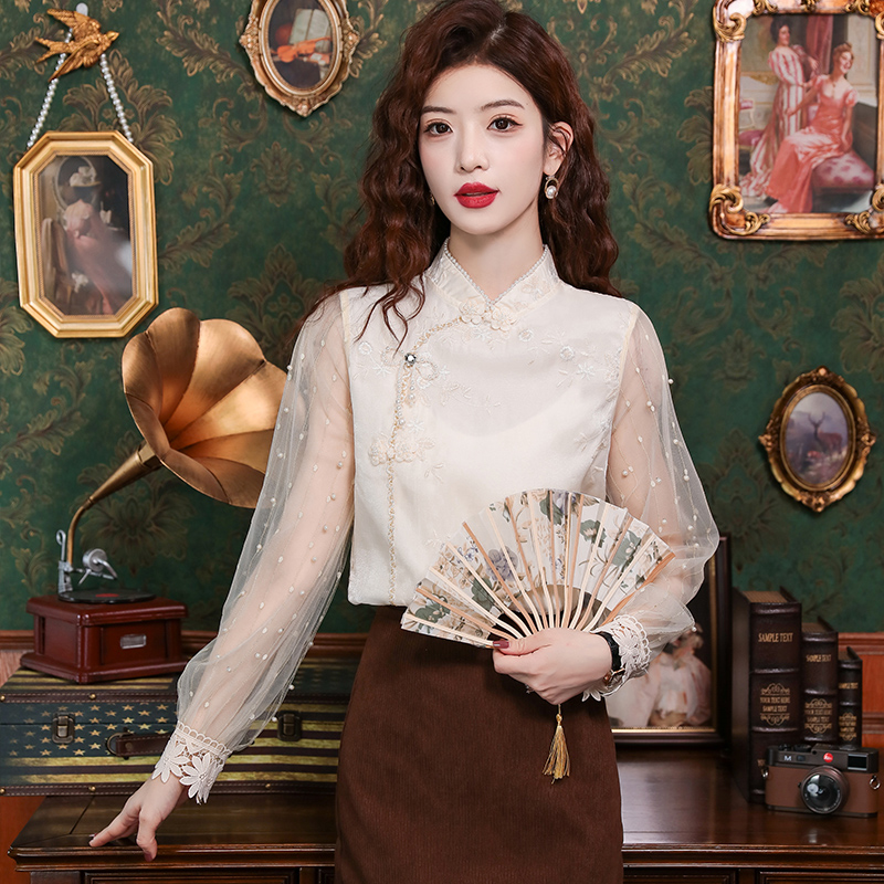 Spring chiffon tops embroidery Chinese style shirt