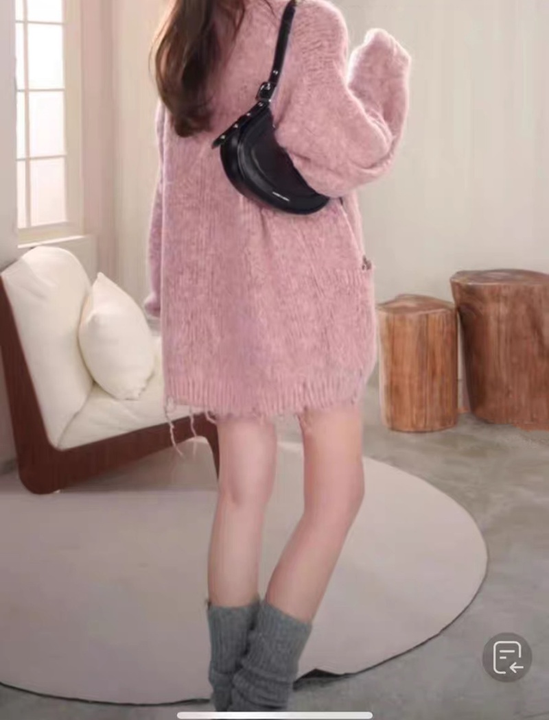 Fashion pink wool sweater lazy knitted loose coat