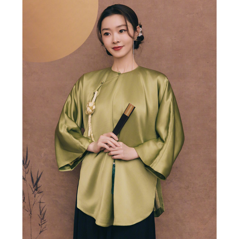 Green Chinese style shirt spring tops for women