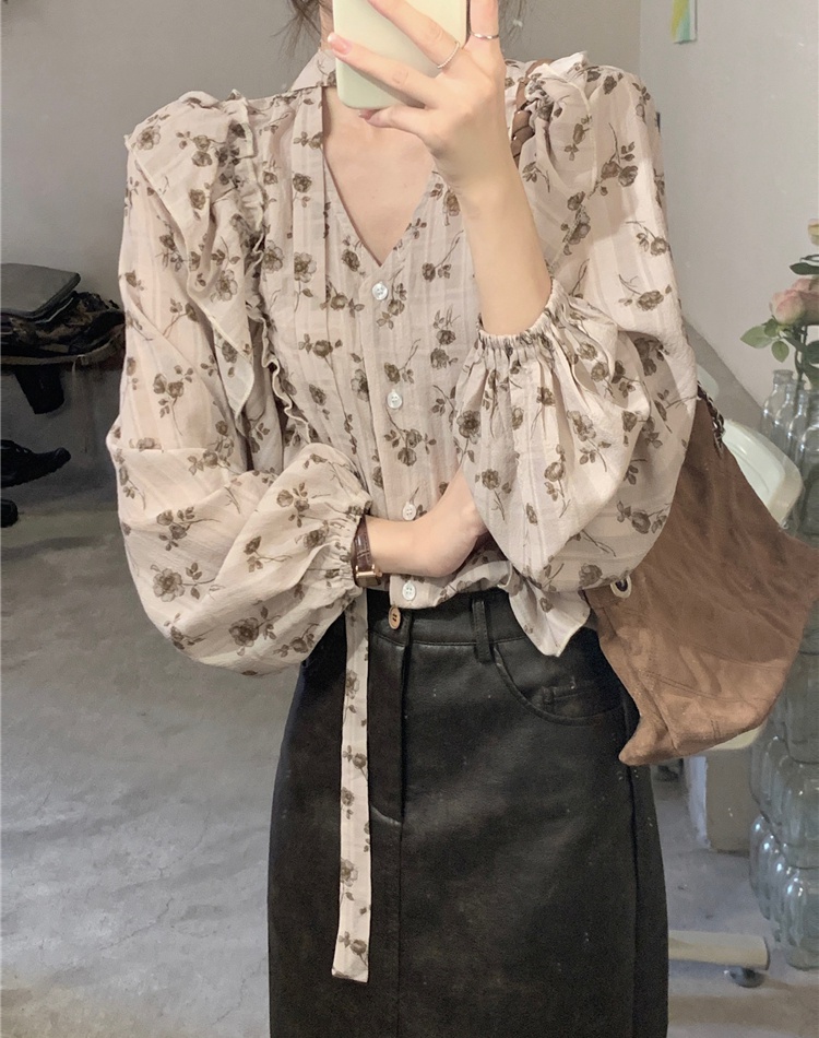 Light France style printing tops all-match spring shirt
