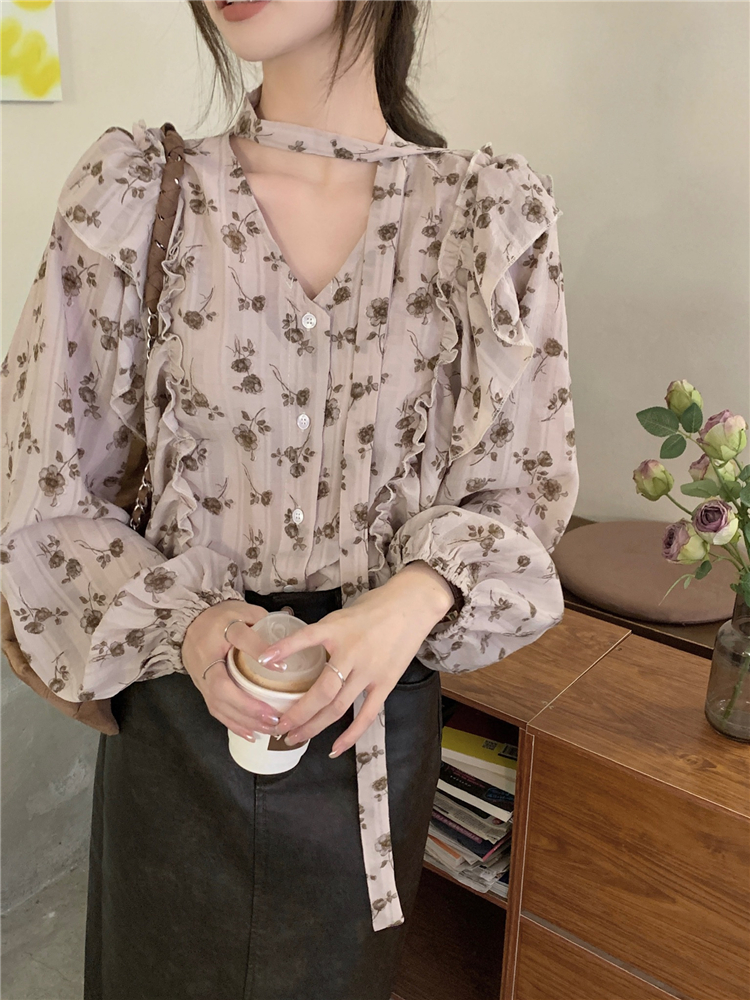 Light France style printing tops all-match spring shirt