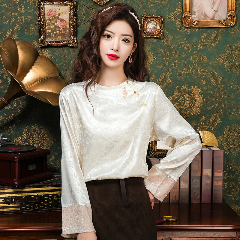 Spring long sleeve tops all-match round neck shirt for women