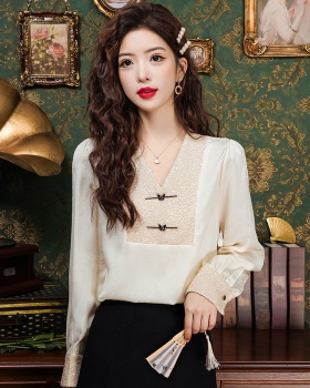 Chinese style spring shirt sequins splice tops for women