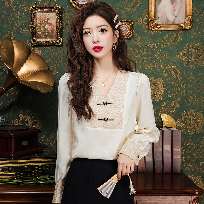 Chinese style spring shirt sequins splice tops for women