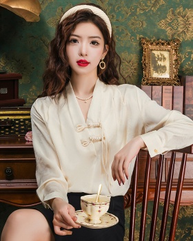 Long sleeve Chinese style shirt V-neck tops for women