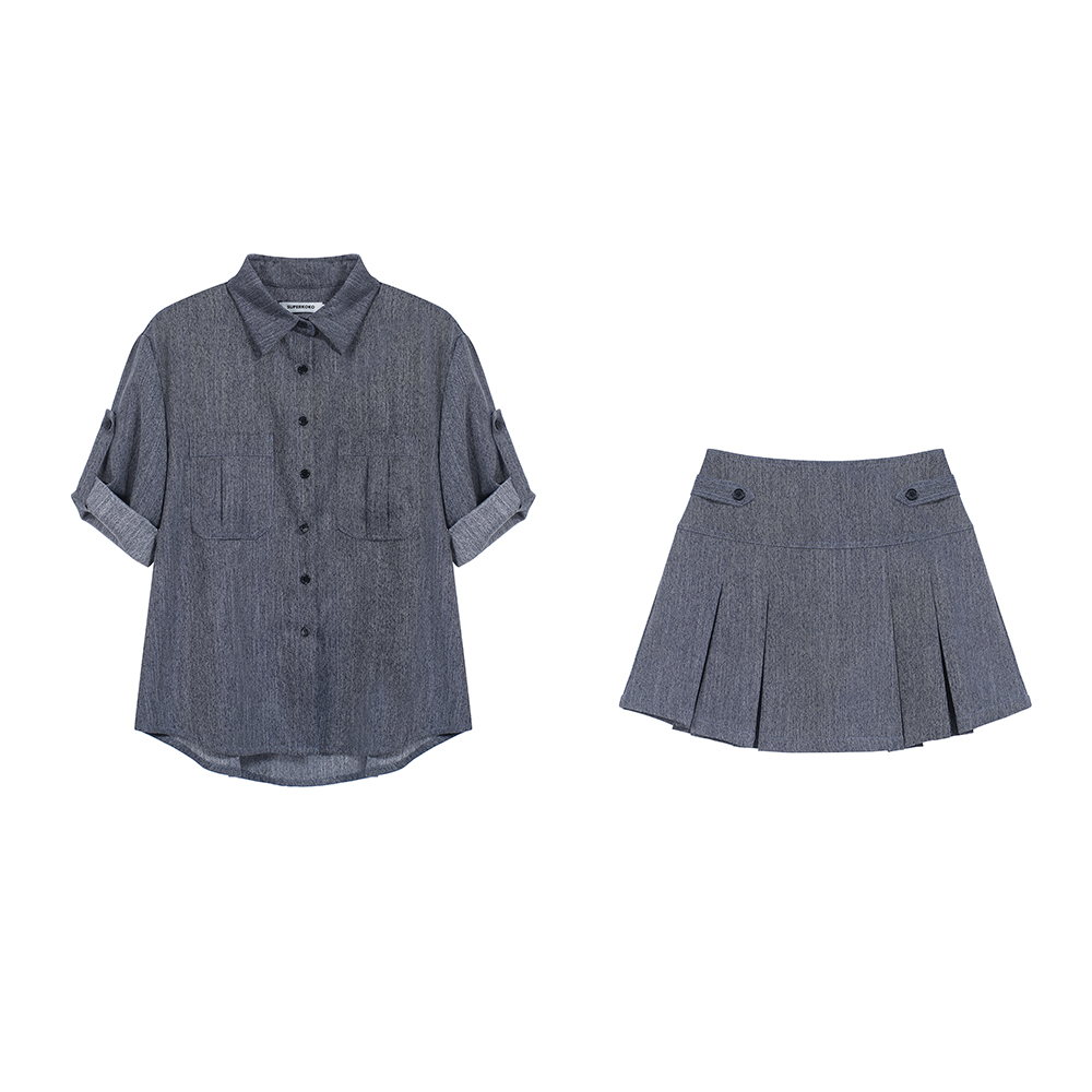 Pleated tops commuting short skirt 2pcs set for women