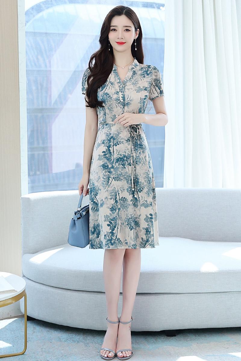Fashion summer long dress middle-aged short sleeve dress