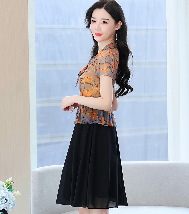 Western style summer dress middle-aged short sleeve long dress
