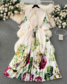 European style pleated formal dress printing large yard dress