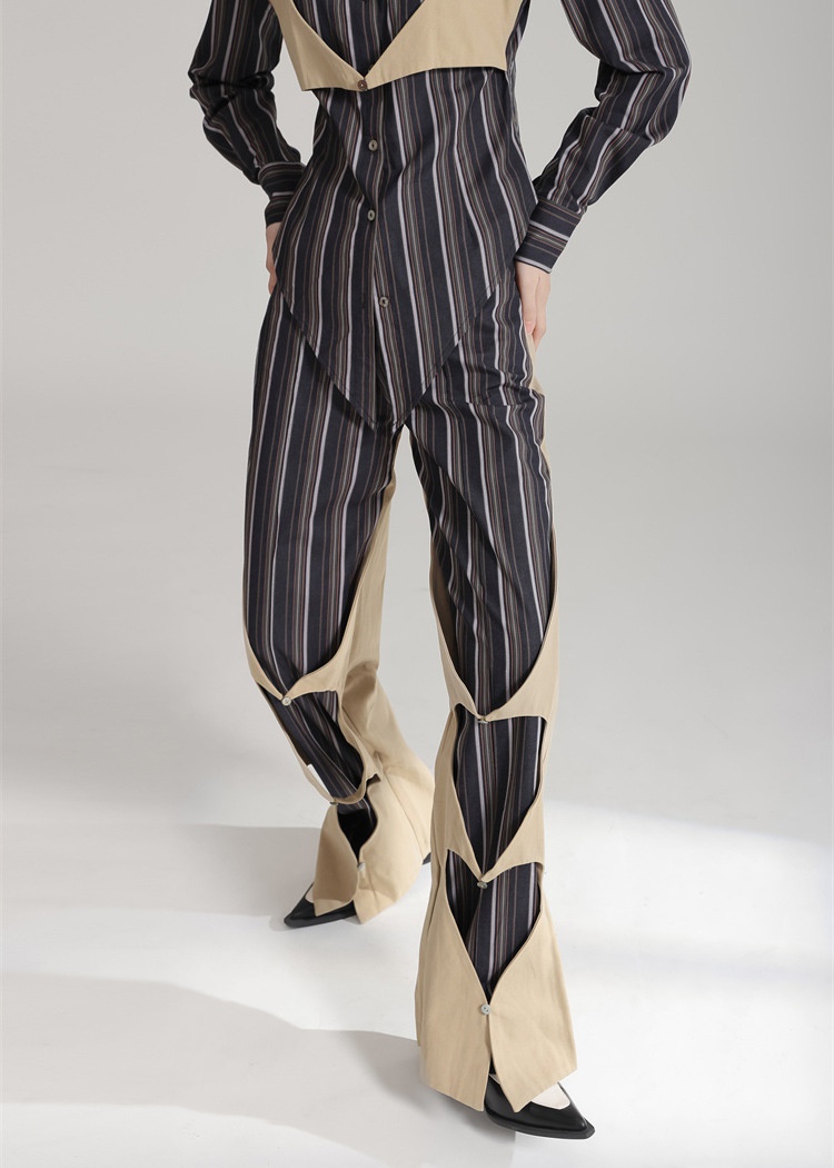 Spring splice heart straight stripe hollow casual pants