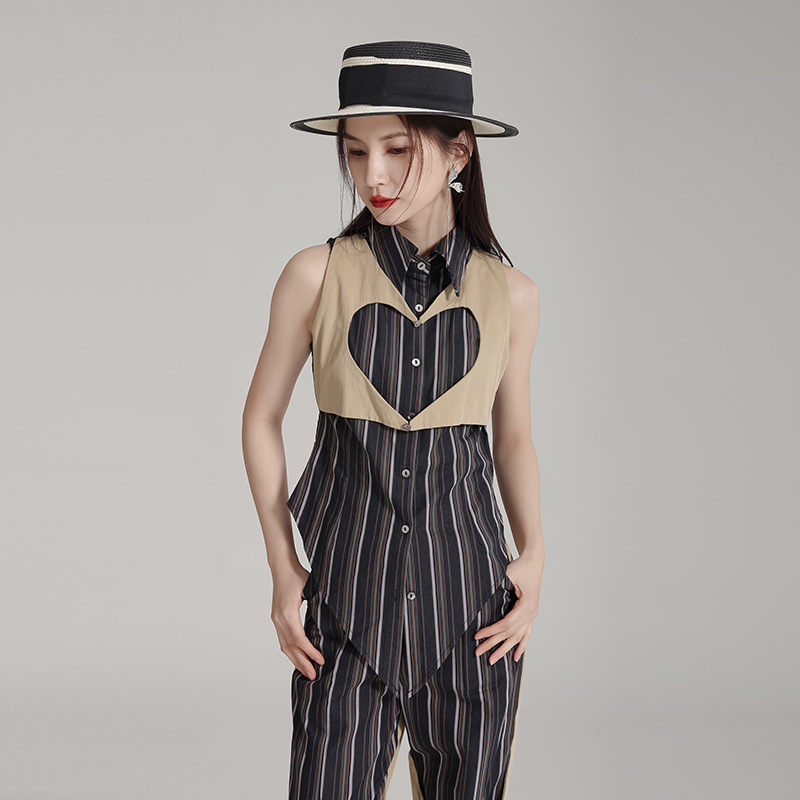 Denim splice removable shirt heart stripe tops for women