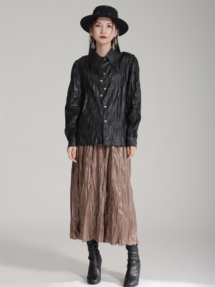 Many crimp retro leather skirt elastic waist fold skirt