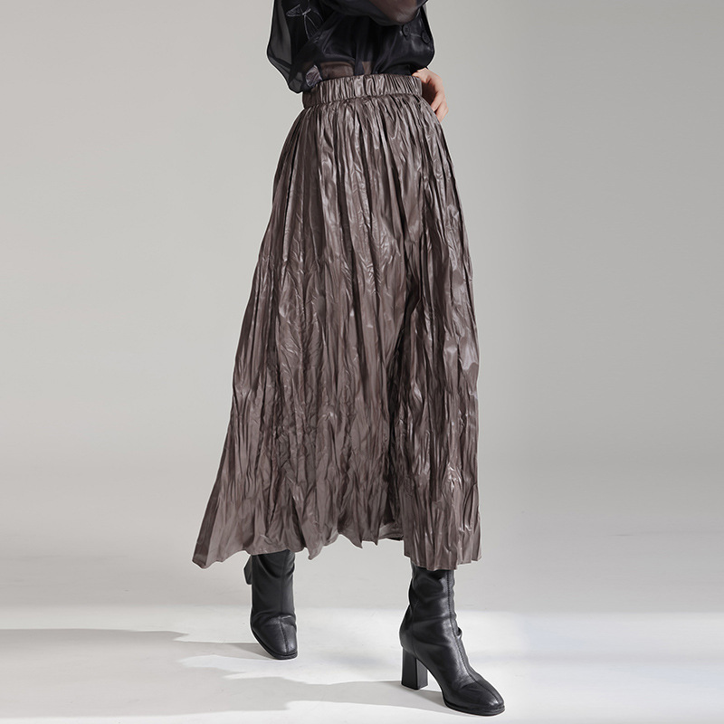 Many crimp retro leather skirt elastic waist fold skirt