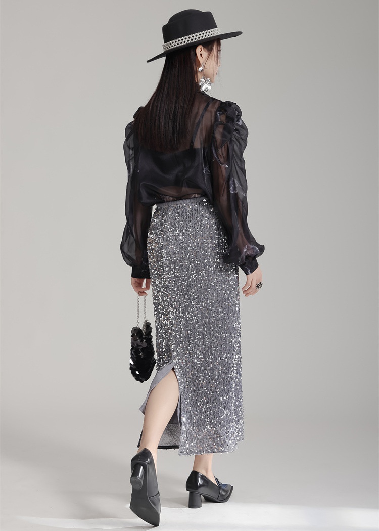 Shiny velvet long short skirt black unique sequins skirt