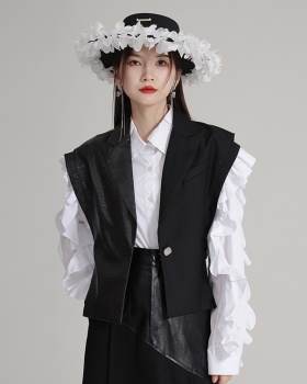 Black pinched waist vest splice leather coat for women