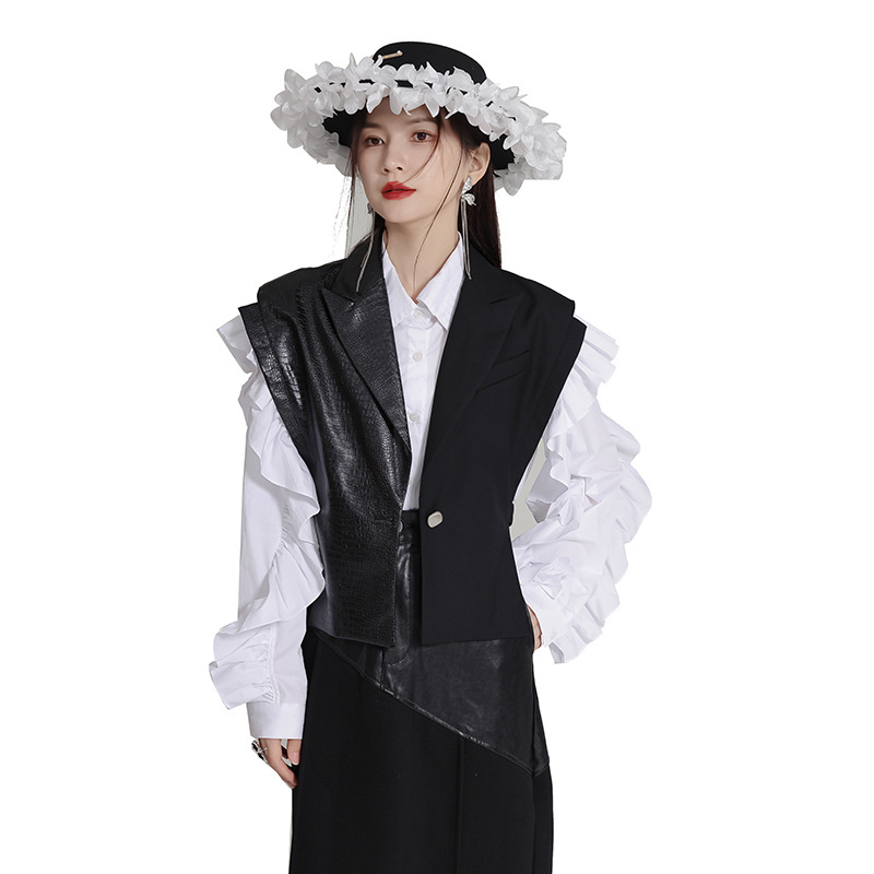 Black pinched waist vest splice leather coat for women