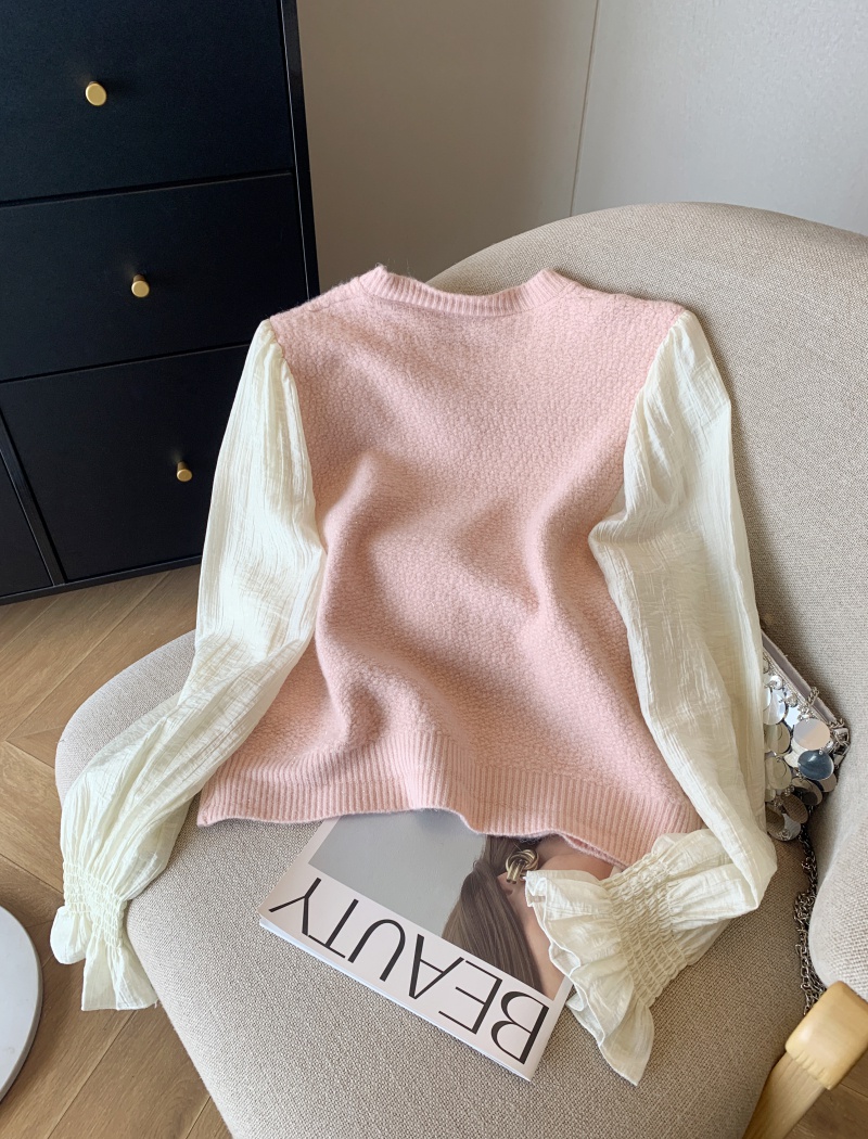 Pseudo-two single-breasted tops round neck cardigan