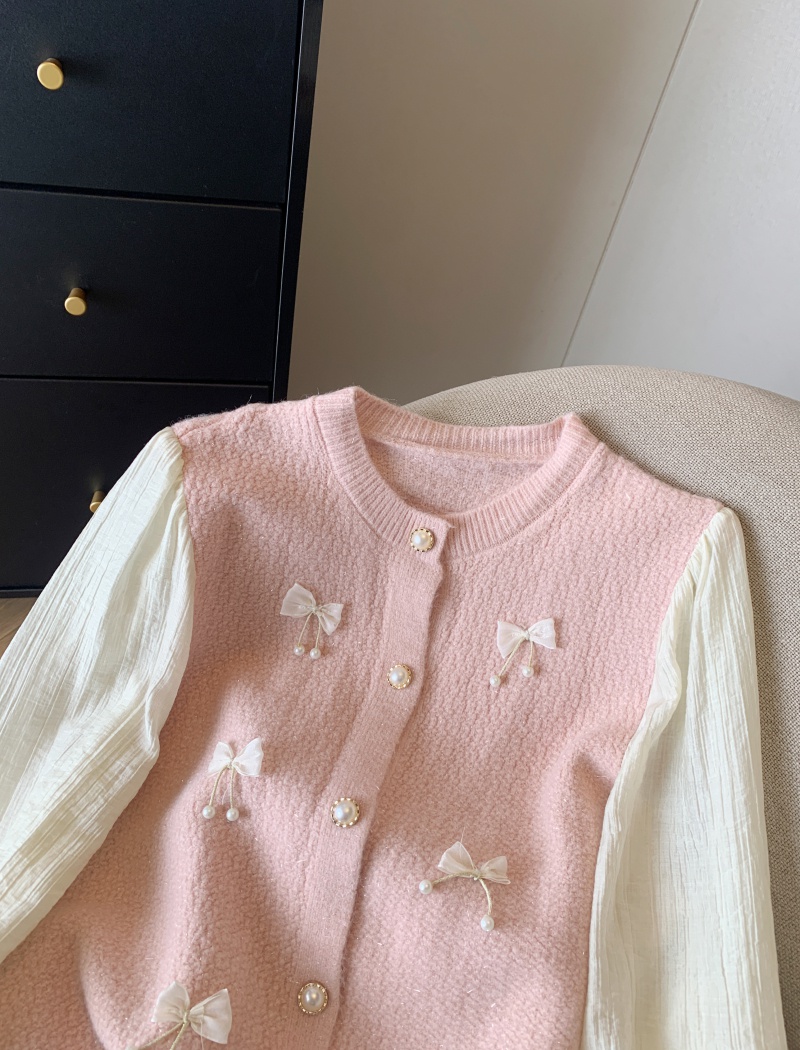 Pseudo-two single-breasted tops round neck cardigan