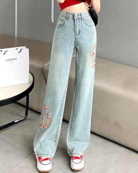 High waist embroidery Chinese style jeans for women