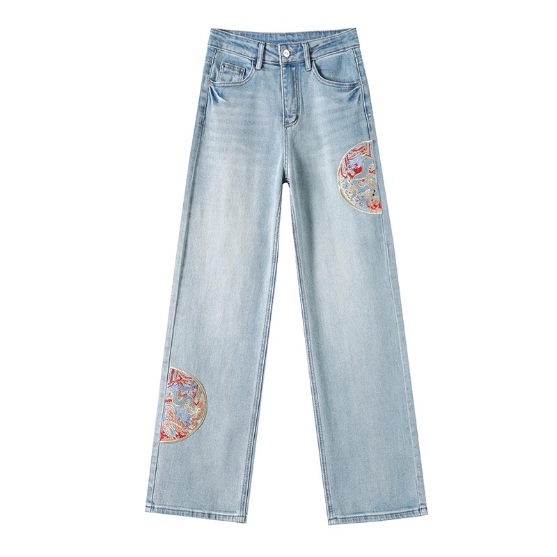High waist embroidery Chinese style jeans for women