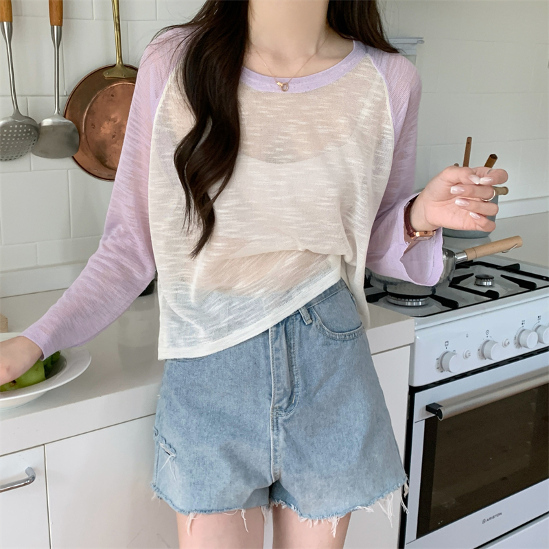 Mixed colors long sleeve smock knitted sunscreen tops