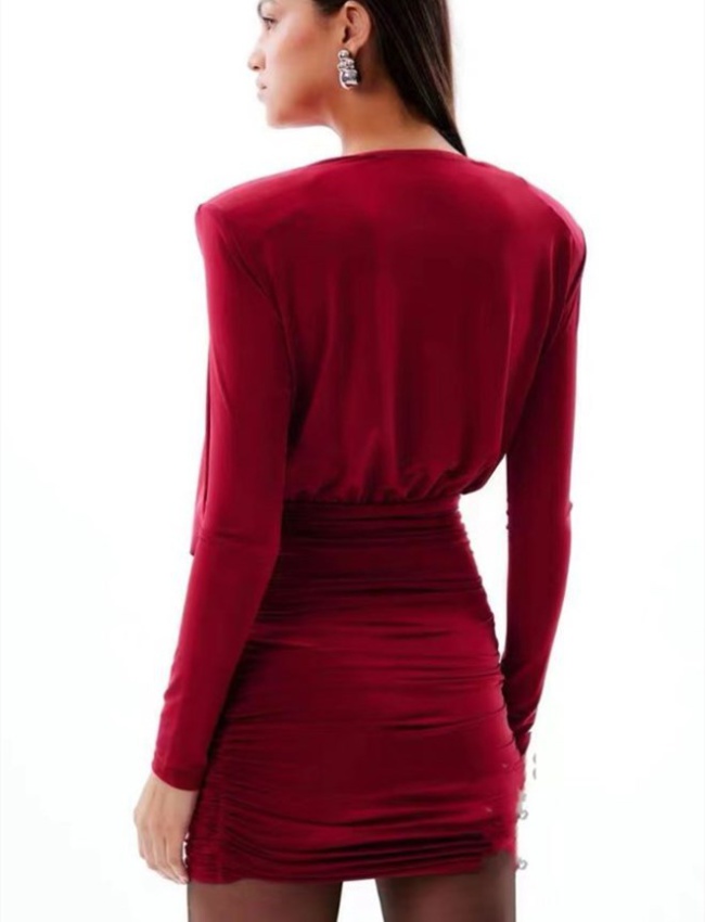 V-neck temperament slim dress red package hip T-back