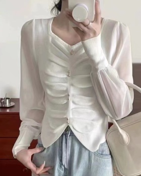Gauze sleeve knitted tops fold bottoming shirt for women