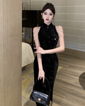 Velvet slim split dress retro package hip cheongsam