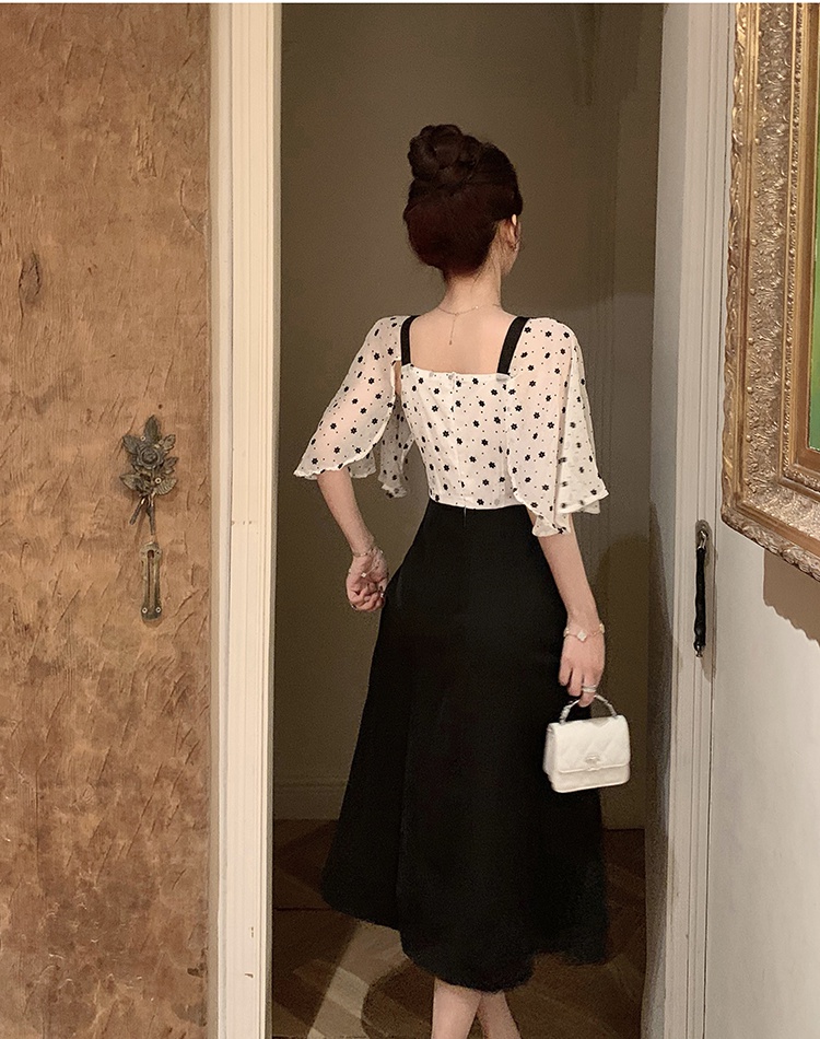 Temperament splice retro black France style banquet polka dot dress