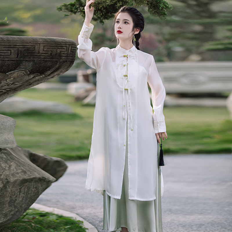 Jacquard Chinese style cardigan splice long dress