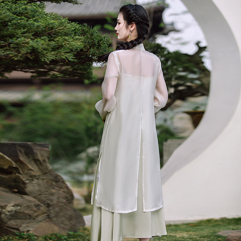 Jacquard Chinese style cardigan splice long dress